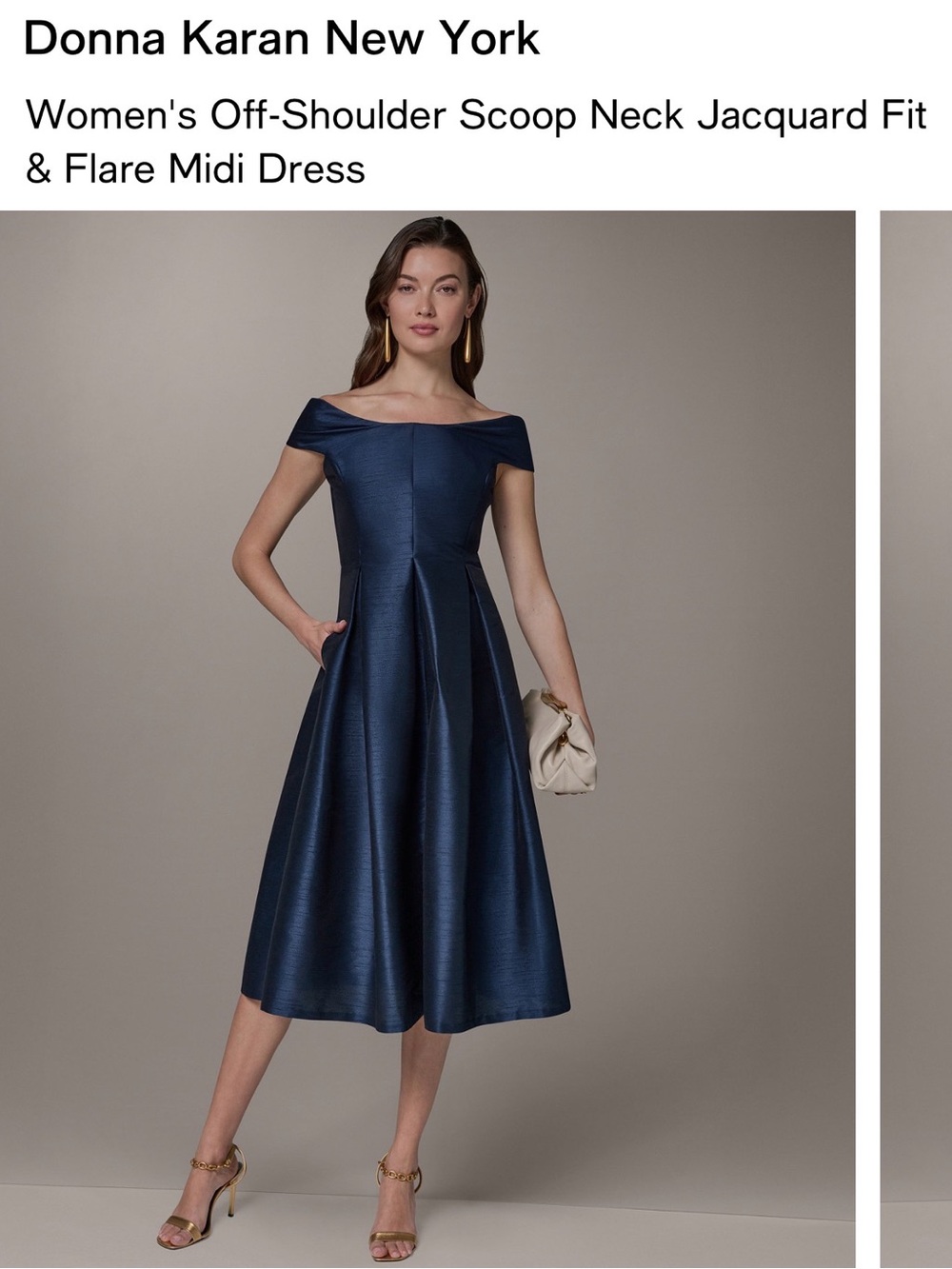Donna Karan Navy Off-Shoulder Jacquard Fit & Flare Midi Dress